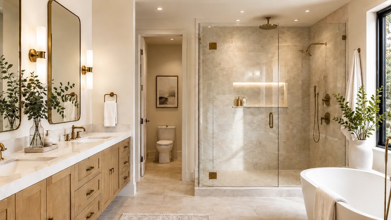 Bright luxury bathroom with double white vanity, freestanding tub, glass shower, and marble herringbone floors