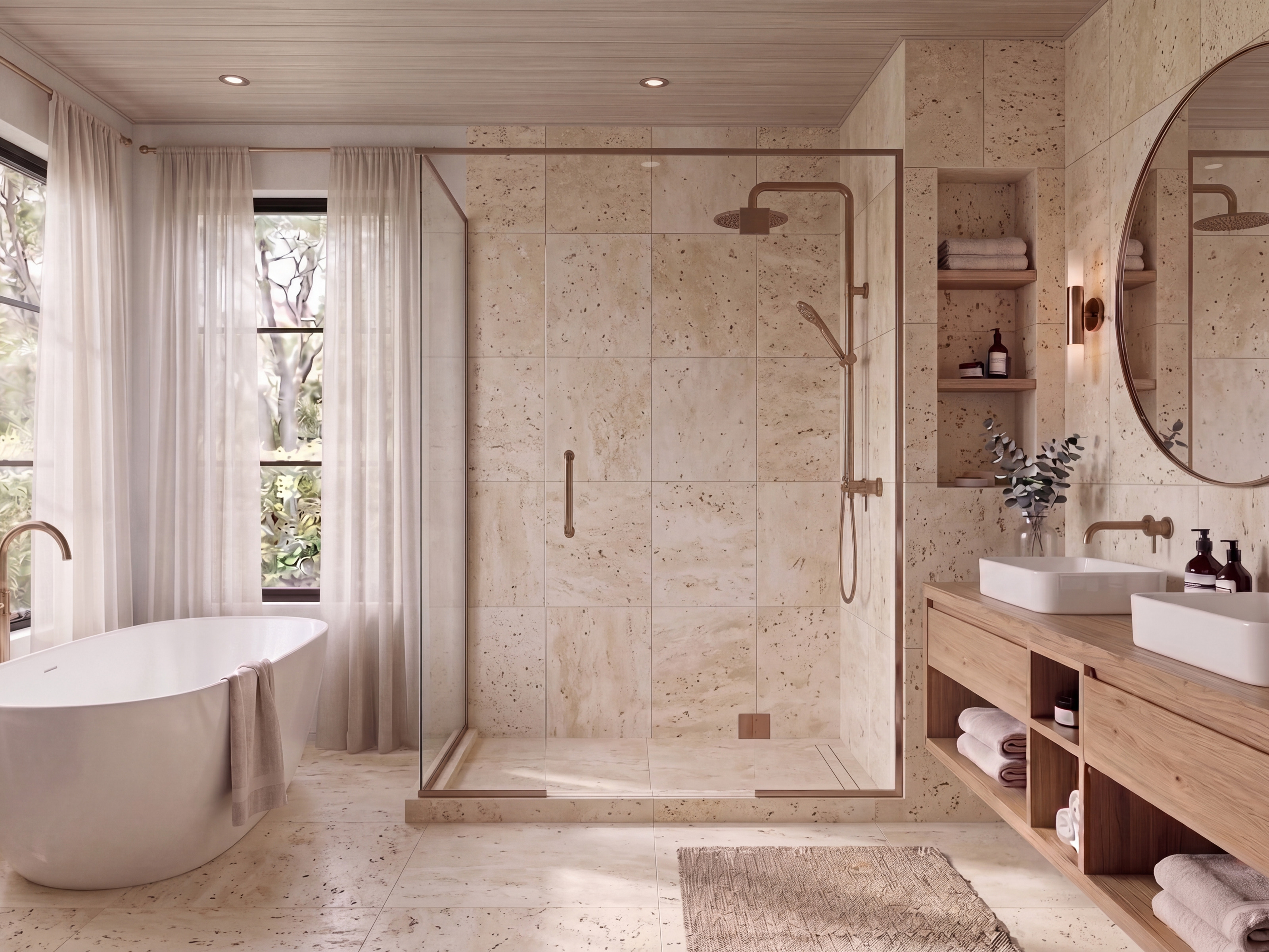 Luxury bathroom with freestanding tub, marble surfaces, and warm brass fixtures