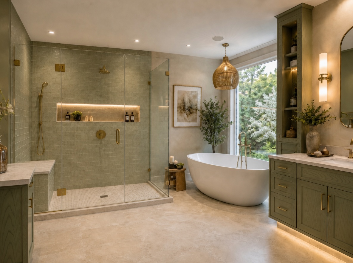 Bright luxury bathroom with white double vanity, glass shower, chrome fixtures, and warm natural light